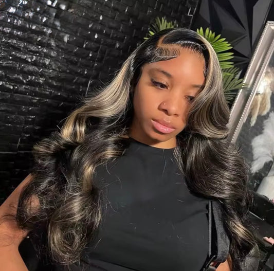 ChicLuxe Hair Pre Styled Glueless 13x6 Lace Frontal Body Wave | Straight Human Hair Wig Blonde 27 with Black Pre Plucked Highlight Invisible Lace Front Wig for Women | 250% Density