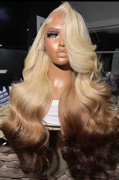 Pre Styled Layered Cut Blonde Brown 13x4 Transparent Lace Frontal Human Hair Wig For Women Pre Plucked With Side Curtain Bangs 250% Density