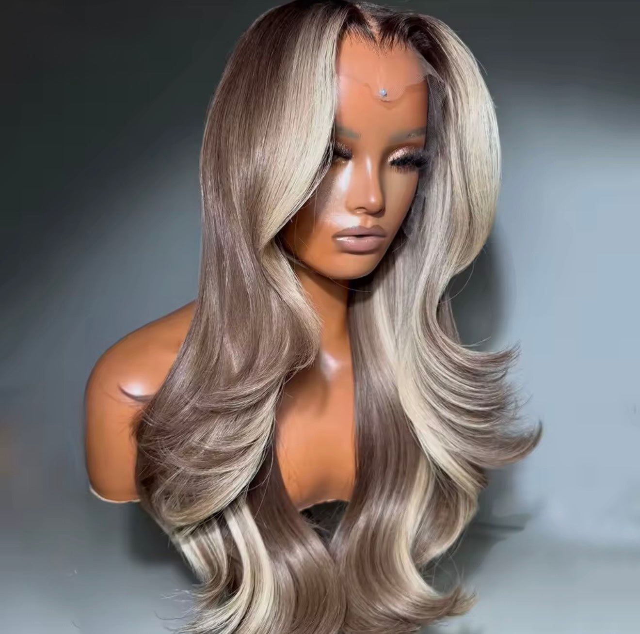 Pre Styled Layered Cut Brown Blonde Highlights Wig With Wave 13x4 Invisible Lace Front Human Hair Wig For Women Pre Plucked Hairline 250% Density