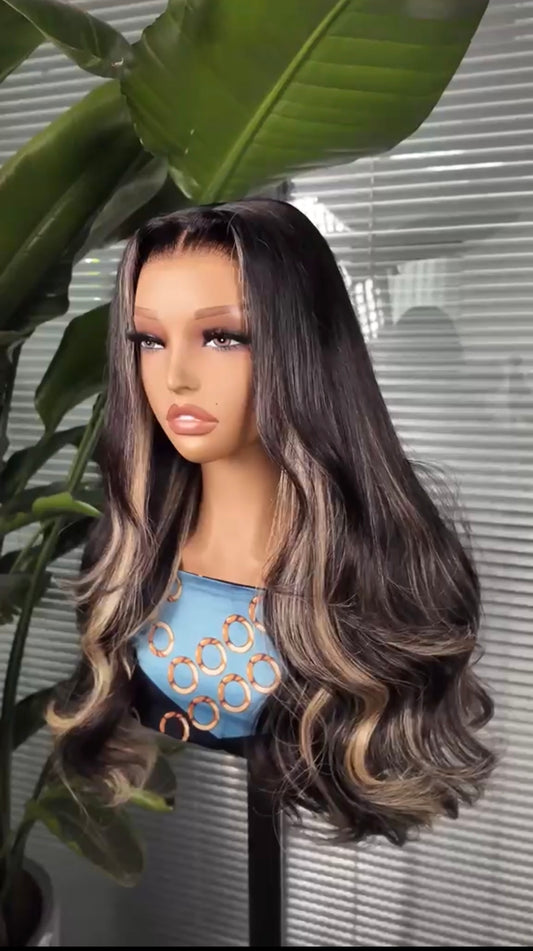 Pre Styled Layered Cut Highlights Wig With Wave 13x4 Invisible Lace Front Human Hair Wig For Women Pre Plucked Hairline 250% Density