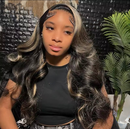 ChicLuxe Hair Pre Styled Glueless 13x6 Lace Frontal Body Wave | Straight Human Hair Wig Blonde 27 with Black Pre Plucked Highlight Invisible Lace Front Wig for Women | 250% Density