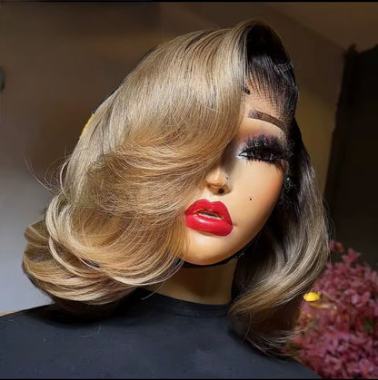 Raw Vietnamese Layered Cut Lace Front Glueless Bob Wig Black Roots 27 Blonde Ombre 5*5 Lace Front With Natural Hairline 250% Density