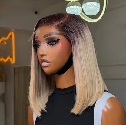 Raw Vietnamese SDD Bone Straight Lace Front Glueless Bob Wig Brown Ombre 613 Short Bob Wig  5*5 Lace Front With Natural Hairline 250% Density
