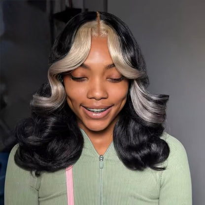 Vietnamese Layered DD Cut Blonde Stripe 5*5 Wavy Lace Front Wig Lace Front With Curtain Bangs And Natural Hairline 250% Density
