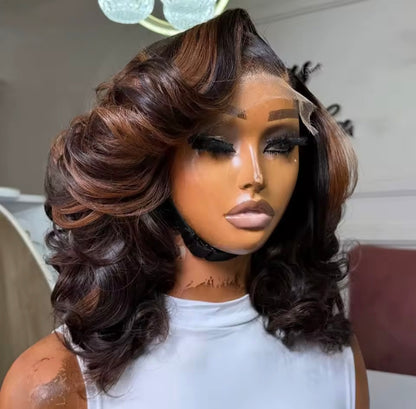 Chic Luxe Hair Raw Vietnamese Layered Bouncy Wave 5*5 Glueless Lace Pre-Styled Wig With Curtain Bangs And Natural Hairline| Black And Brown Highlight |300% Full Density