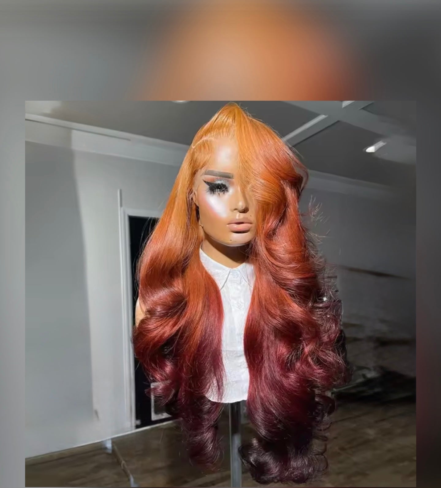 Pre Styled Layered Cut Ombre Orange Roots 13x4 Transparent Lace Frontal Wig Dark Orange Human Hair Wig For Women Pre Plucked With Side Curtain Bangs 250% Density