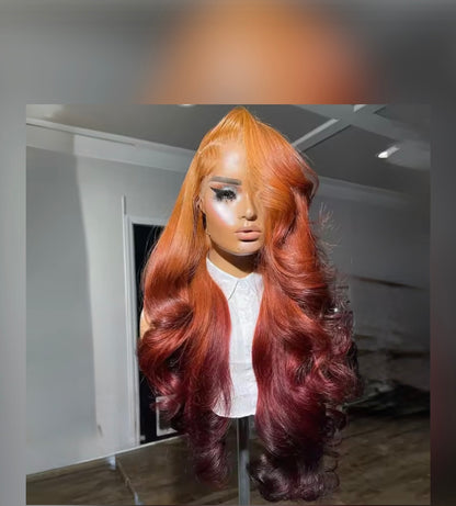 Pre Styled Layered Cut Ombre Orange Roots 13x4 Transparent Lace Frontal Wig Dark Orange Human Hair Wig For Women Pre Plucked With Side Curtain Bangs 250% Density