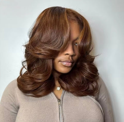 Raw Vietnamese Layered Cut Lace Front Glueless Bob Wig Chestnut Brown 5*5 Lace Front With Natural Hairline 250% Density