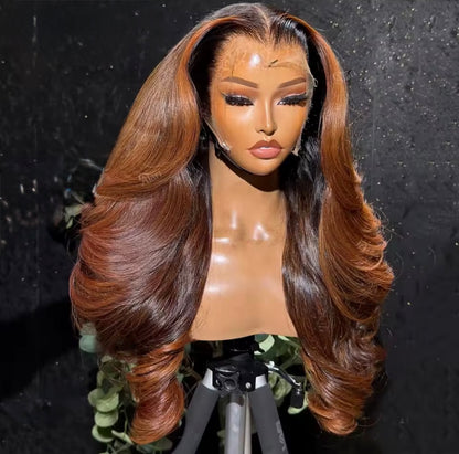 Pre Styled Layered Cut 1B Roots Ginger Brown 13x4 Transparent Lace Frontal Human Hair Wig For Women Pre Plucked 250% Density