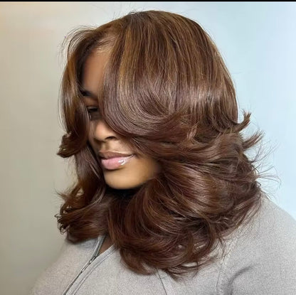 Raw Vietnamese Layered Cut Lace Front Glueless Bob Wig Chestnut Brown 5*5 Lace Front With Natural Hairline 250% Density