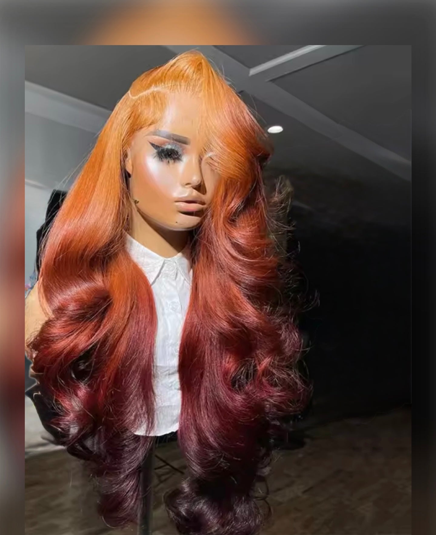 Pre Styled Layered Cut Ombre Orange Roots 13x4 Transparent Lace Frontal Wig Dark Orange Human Hair Wig For Women Pre Plucked With Side Curtain Bangs 250% Density