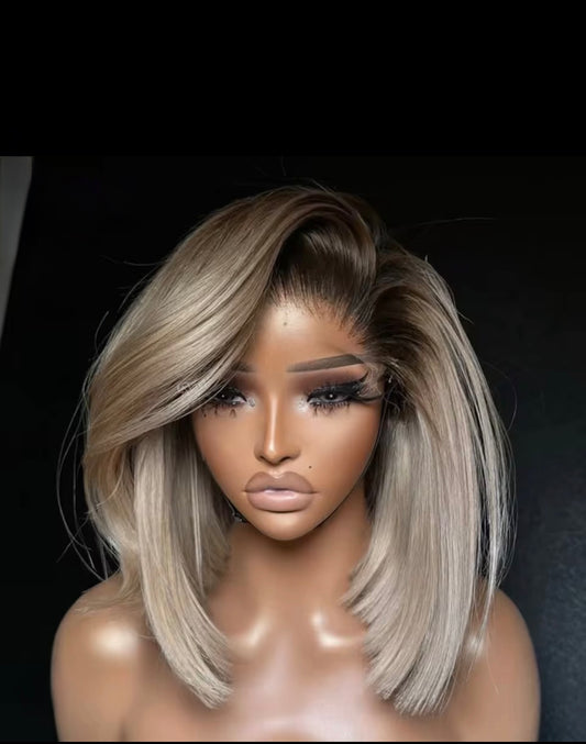 Raw Vietnamese SDD Ash Blonde With Brown Roots Short Bob Wig Transparent 13x4 Full Lace Frontal Human Hair Straight Bob Wig Pre Plucked With Natural Hairline  250% Density