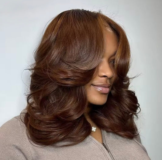 Raw Vietnamese Layered Cut Lace Front Glueless Bob Wig Chestnut Brown 5*5 Lace Front With Natural Hairline 250% Density