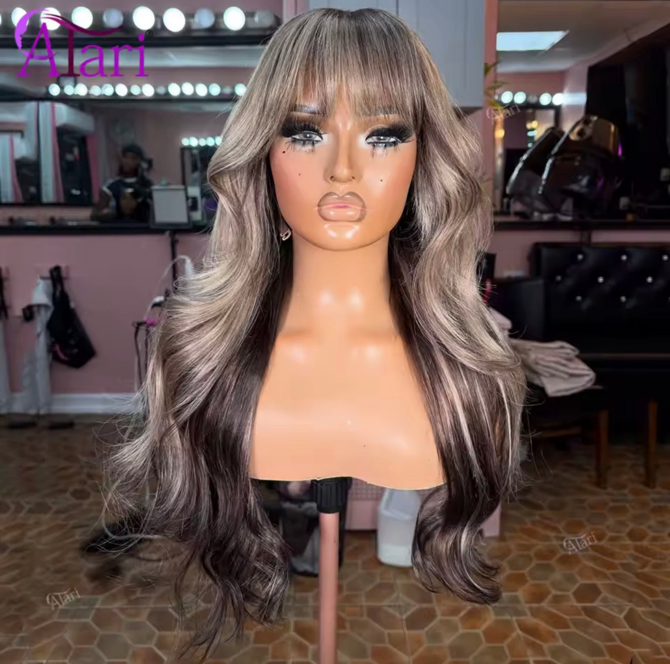 ChicLuxe Hair Pre Styled Glueless 13x6 Invisible Lace Front Wig With Bangs | Body Wave Human Hair Wig Stripe Brown Blonde Highlight Wig | 250% Density