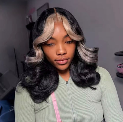 Vietnamese Layered DD Cut Blonde Stripe 5*5 Wavy Lace Front Wig Lace Front With Curtain Bangs And Natural Hairline 250% Density