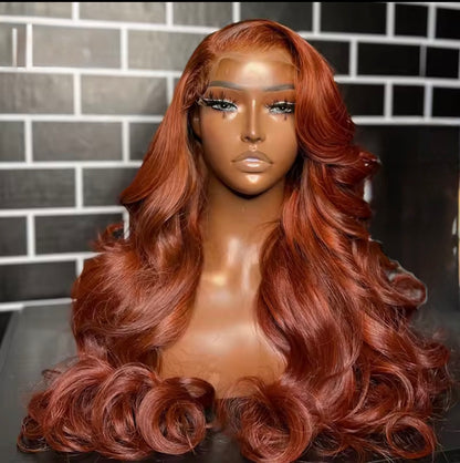 Pre Styled Layered Cut Ginger Orange 13x4 Transparent Lace Frontal Human Hair Wig For Women Pre Plucked With Natural Hairline Wavy And Straight 250% Density
