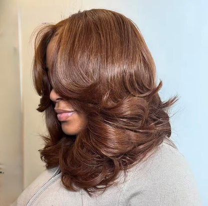 Raw Vietnamese Layered Cut Lace Front Glueless Bob Wig Chestnut Brown 5*5 Lace Front With Natural Hairline 250% Density
