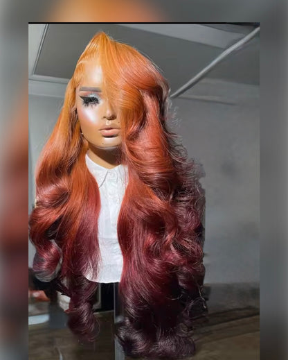Pre Styled Layered Cut Ombre Orange Roots 13x4 Transparent Lace Frontal Wig Dark Orange Human Hair Wig For Women Pre Plucked With Side Curtain Bangs 250% Density