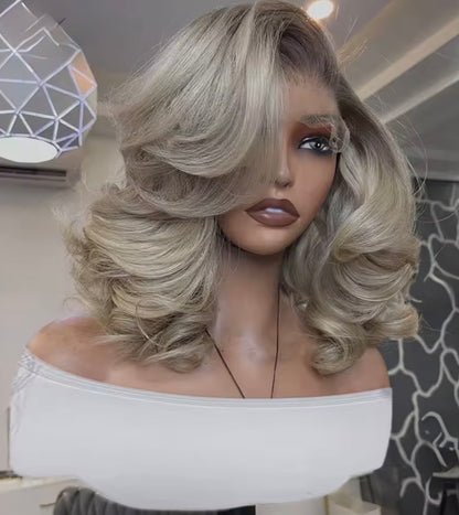 Raw Vietnamese SDD Layered Cut Lace Front Glueless Bob Wig Brown Roots Ash Ombre 5*5 Lace Front With Natural Hairline 250% Density