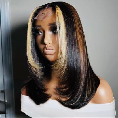 Raw Vietnamese Bone Straight Layered Straight Lace Front Glueless Bob Wig Stripe Brown and Wide 27 Short Bob Wig  2*4 Lace Front With Natural Hairline 250% Density