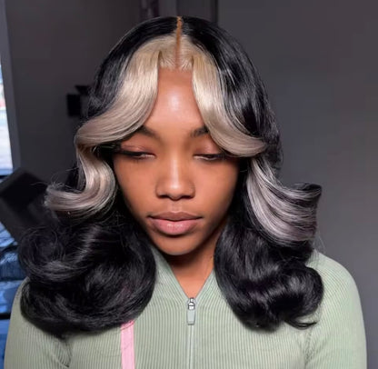Vietnamese Layered DD Cut Blonde Stripe 5*5 Wavy Lace Front Wig Lace Front With Curtain Bangs And Natural Hairline 250% Density
