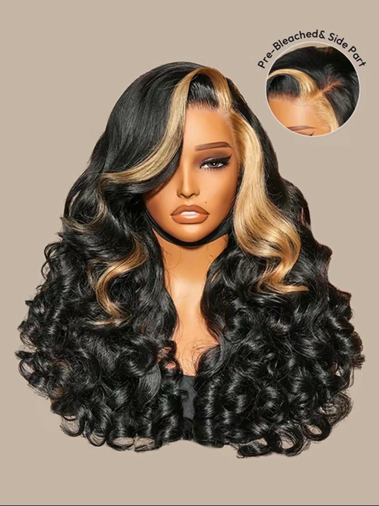 Chic Luxe Hair Pre-Styled Bouncy Curly Wig With Skunk Stripe Honey Blonde Highlights | 100% Human Hair | 250% Density