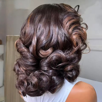 Chic Luxe Hair Raw Vietnamese Layered Bouncy Wave 5*5 Glueless Lace Pre-Styled Wig With Curtain Bangs And Natural Hairline| Black And Brown Highlight |300% Full Density