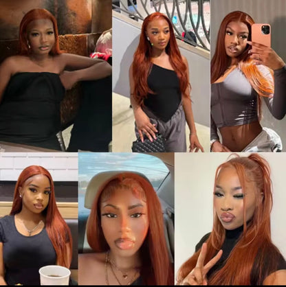 Pre Styled Layered Cut Ginger Orange 13x4 Transparent Lace Frontal Human Hair Wig For Women Pre Plucked With Natural Hairline Wavy And Straight 250% Density