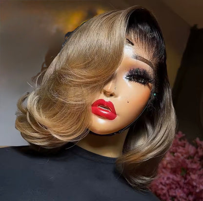Raw Vietnamese Layered Cut Lace Front Glueless Bob Wig Black Roots 27 Blonde Ombre 5*5 Lace Front With Natural Hairline 250% Density