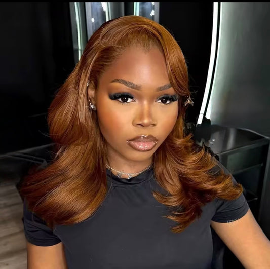 Raw Vietnamese Lagos M-Hairline Ginger Brown Wavy Pre Styled Glueless Lace Front Ready To Wear Wig 250% Full Density