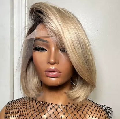 Raw Vietnamese Layered Cut Lace Front Glueless Bob Wig Ombre Brown Roots Blonde 13*6 Lace Front With Natural Hairline 250% Density