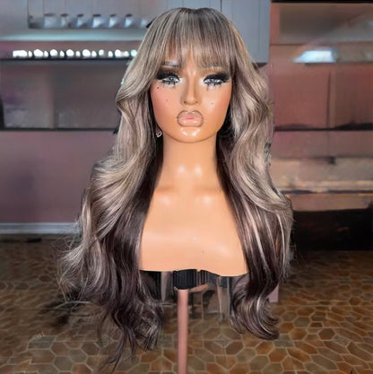 ChicLuxe Hair Pre Styled Glueless 13x6 Invisible Lace Front Wig With Bangs | Body Wave Human Hair Wig Stripe Brown Blonde Highlight Wig | 250% Density