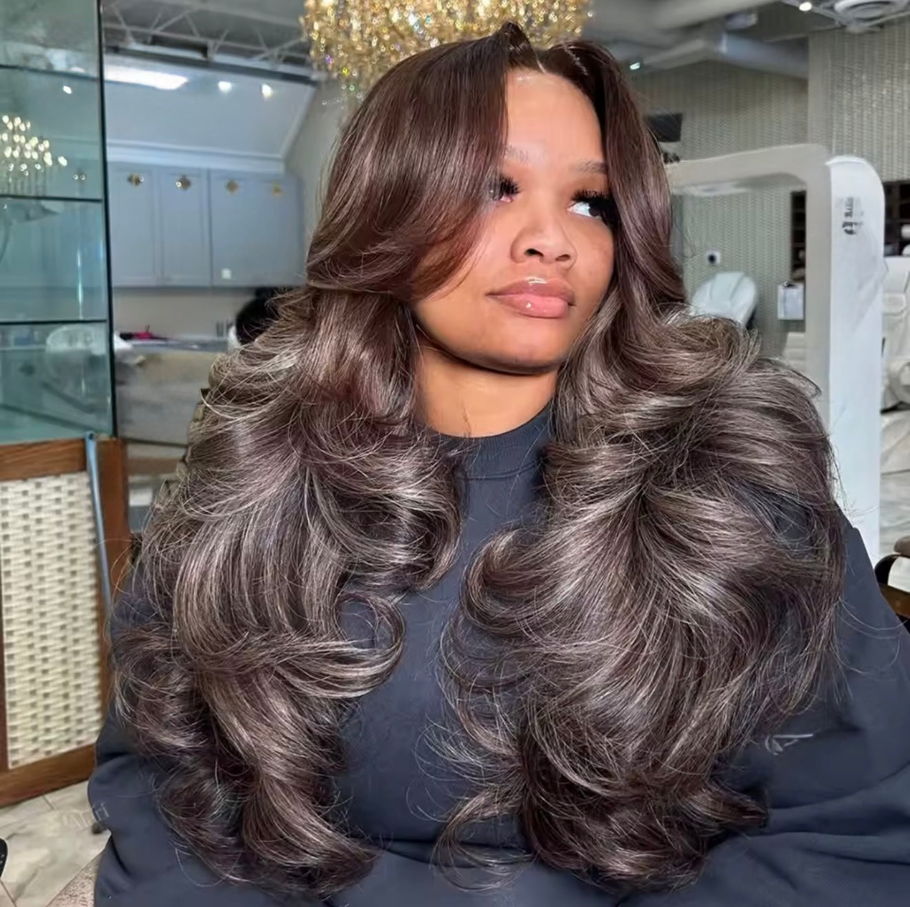 ChicLuxe Hair Pre Styled Layered Glueless Mocha Ash Stripes 13x6 Lace Frontal Body Wave Wigs Brown Blonde Highlights Invisible Lace Front Wig For Women | 250% Density
