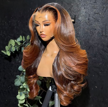 Pre Styled Layered Cut 1B Roots Ginger Brown 13x4 Transparent Lace Frontal Human Hair Wig For Women Pre Plucked 250% Density