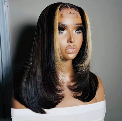 Raw Vietnamese Bone Straight Layered Straight Lace Front Glueless Bob Wig Stripe Brown and Wide 27 Short Bob Wig  2*4 Lace Front With Natural Hairline 250% Density