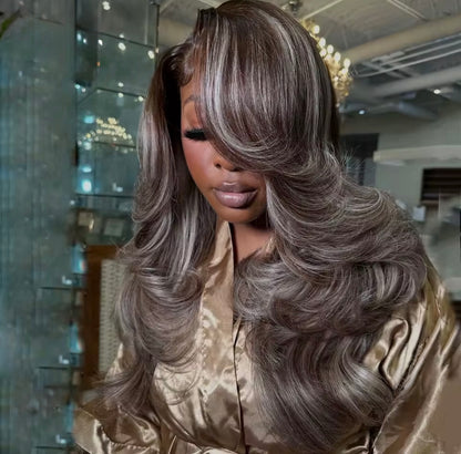 ChicLuxe Hair Pre Styled Layered Glueless Mocha Ash Stripes 13x6 Lace Frontal Body Wave Wigs Brown Blonde Highlights Invisible Lace Front Wig For Women | 250% Density