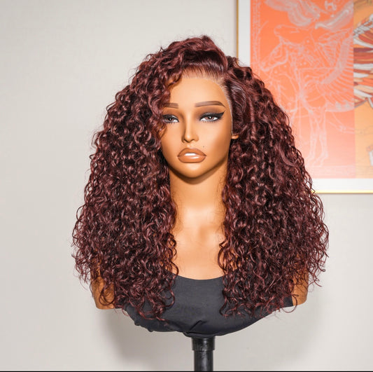 Chic Luxe Hair | Human Hair Glueless Pre Styled Side Part Cherry Cola Red Curly 250% Density Wig | 100% Human Hair