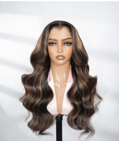 Chic Luxe Hair M-Hairline Highlight Wavy Hair Honey Brown 13*6 Glueless HD Lace Front Wig | 100% Human Hair | 250% Density