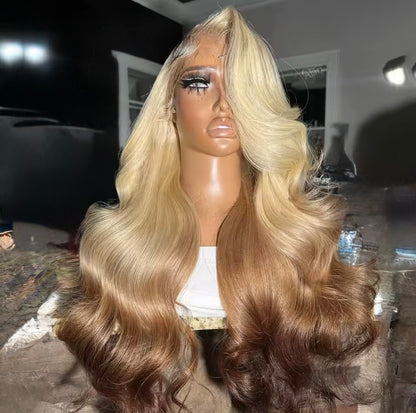 Pre Styled Layered Cut Blonde Brown 13x4 Transparent Lace Frontal Human Hair Wig For Women Pre Plucked With Side Curtain Bangs 250% Density