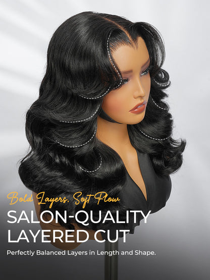 Chic Luxe Hair | Pre- Styled Ready To Wear Layered Cut 6x8 Glueless Layered Cut M-Hairline | 250% Density Body Wave Drawstring Lace Wig