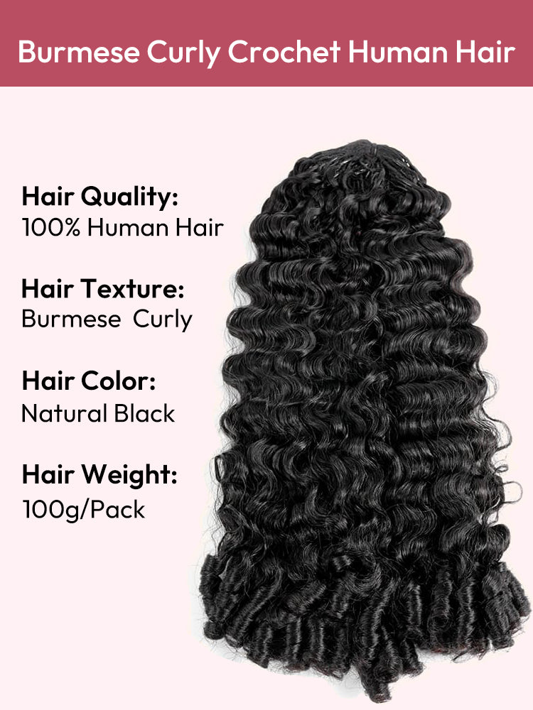 Chic Luxe Hair Crochet Human Hair Burmese Curly Extensions Pre-Separated Hair | Natural Black| 100% Human Hair |100 strands per pack (100g) | Usually 2-3 Packs For A Full Head