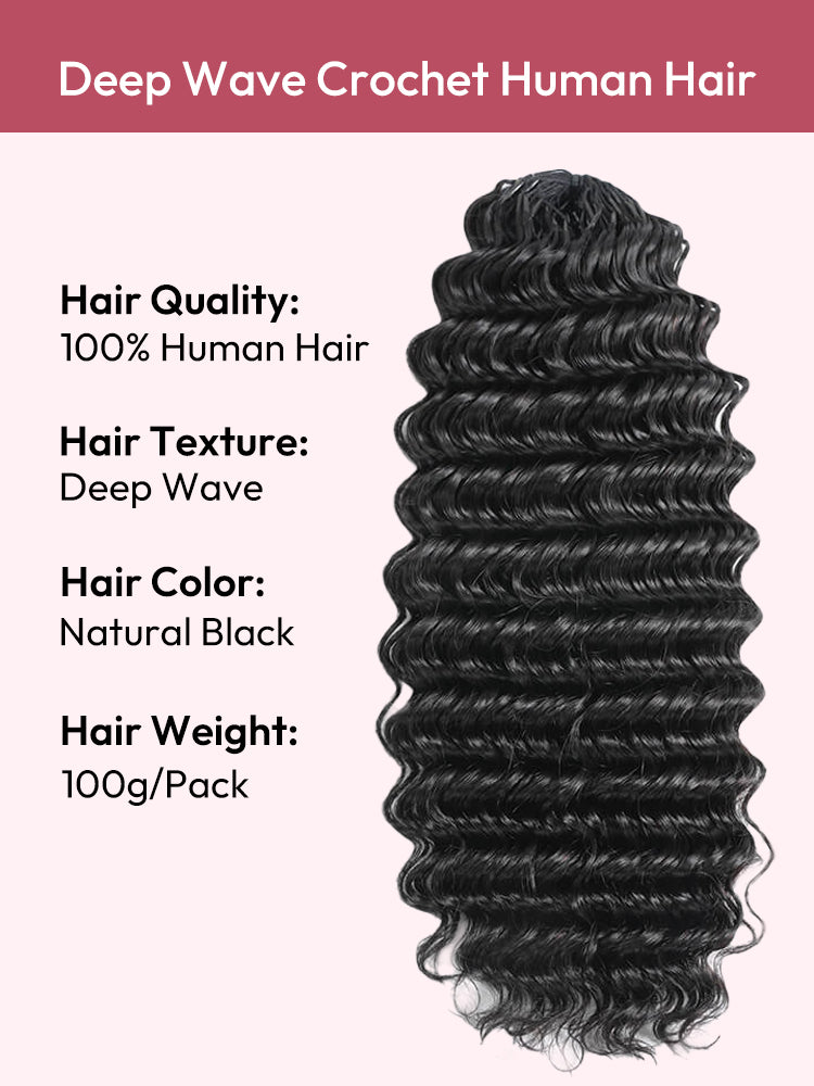 Chic Luxe Hair Crochet Human Hair Deep Wave Extensions Pre-Separated Strands 100% Premium Human Hair | Natural Black| 100% Human Hair |100 strands per pack (100g) | Usually 2-3 Packs For A Full Head