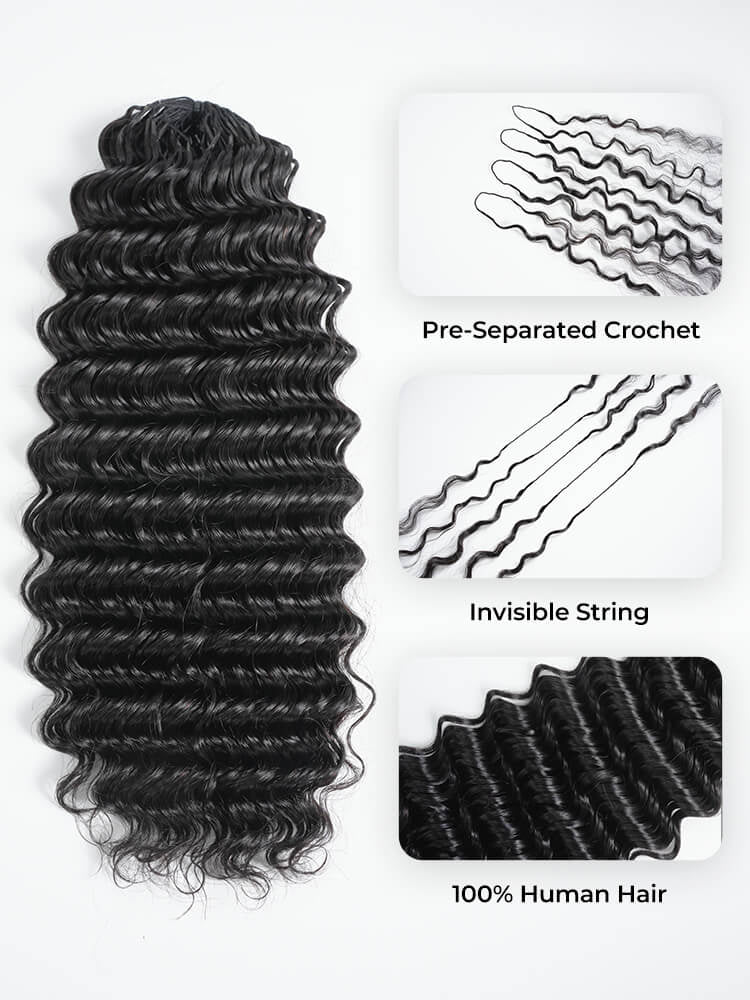 Chic Luxe Hair Crochet Human Hair Deep Wave Extensions Pre-Separated Strands 100% Premium Human Hair | Natural Black| 100% Human Hair |100 strands per pack (100g) | Usually 2-3 Packs For A Full Head