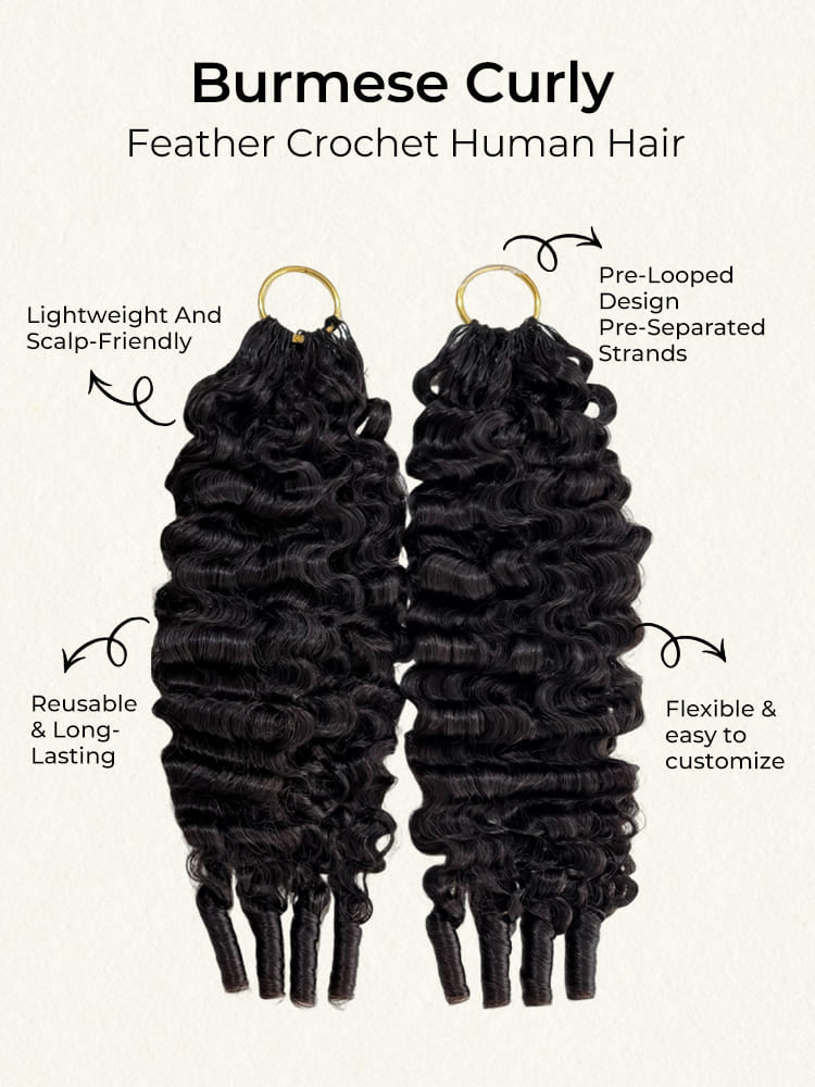 Chic Luxe Hair Crochet Human Hair Burmese Curly Extensions Pre-Separated Hair Miracle Knots Vibes, Knotless Braids, Boho Braids | Natural Black| 100% Human Hair |100 strands per pack (100g) | Usually 2-3 Packs For A Full Head