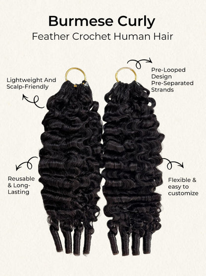 Chic Luxe Hair Crochet Human Hair Burmese Curly Extensions Pre-Separated Hair Miracle Knots Vibes, Knotless Braids, Boho Braids | Natural Black| 100% Human Hair |100 strands per pack (100g) | Usually 2-3 Packs For A Full Head