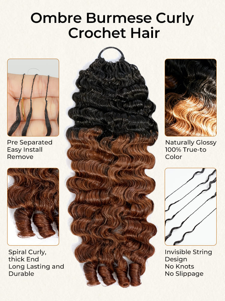 Chic Luxe Hair T1B/33 Brown Ombre Color Burmese Curl Human Hair Extensions Pre-Separated Hair Miracle Knots Vibes, Knotless Braids, Boho Braids | Natural Black| 100% Human Hair |100 strands per pack (100g) | Usually 2-3 Packs For A Full Head