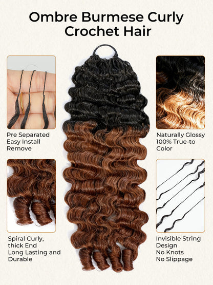 Chic Luxe Hair T1B/33 Brown Ombre Color Burmese Curl Human Hair Extensions Pre-Separated Hair Miracle Knots Vibes, Knotless Braids, Boho Braids | Natural Black| 100% Human Hair |100 strands per pack (100g) | Usually 2-3 Packs For A Full Head