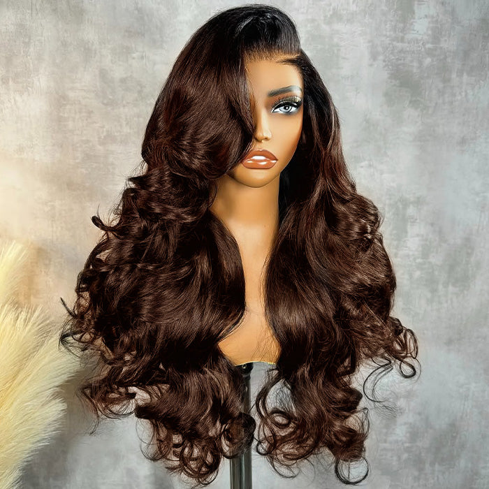 Pre Styled Layered Butterfly Haircuts Dark Root to Mocha Brown Ombre 13×4 Natural C Part Pre-styled Loose Wave Glueless Wig Pre Plucked With Natural Hairline 250% Density