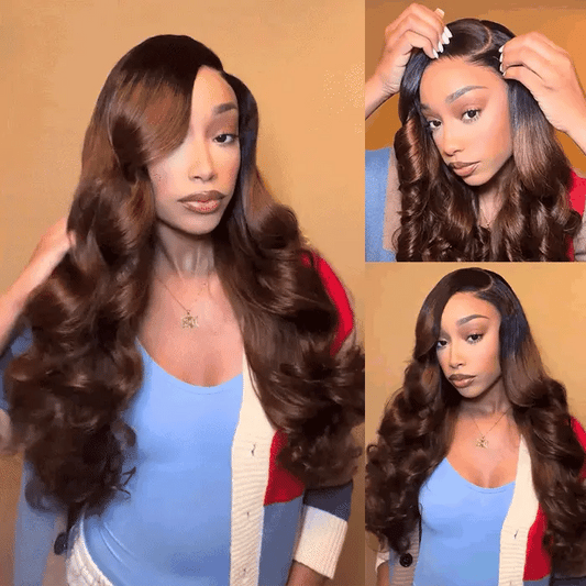 Pre Styled Layered Butterfly Haircuts Dark Root to Mocha Brown Ombre 13×4 Natural C Part Pre-styled Loose Wave Glueless Wig Pre Plucked With Natural Hairline 250% Density