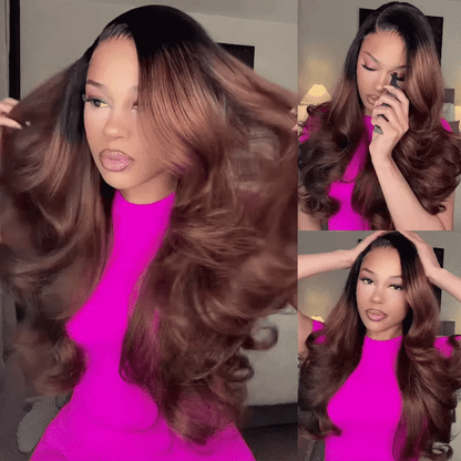 Pre Styled Layered Butterfly Haircuts Dark Root to Mocha Brown Ombre 13×4 Natural C Part Pre-styled Loose Wave Glueless Wig Pre Plucked With Natural Hairline 250% Density
